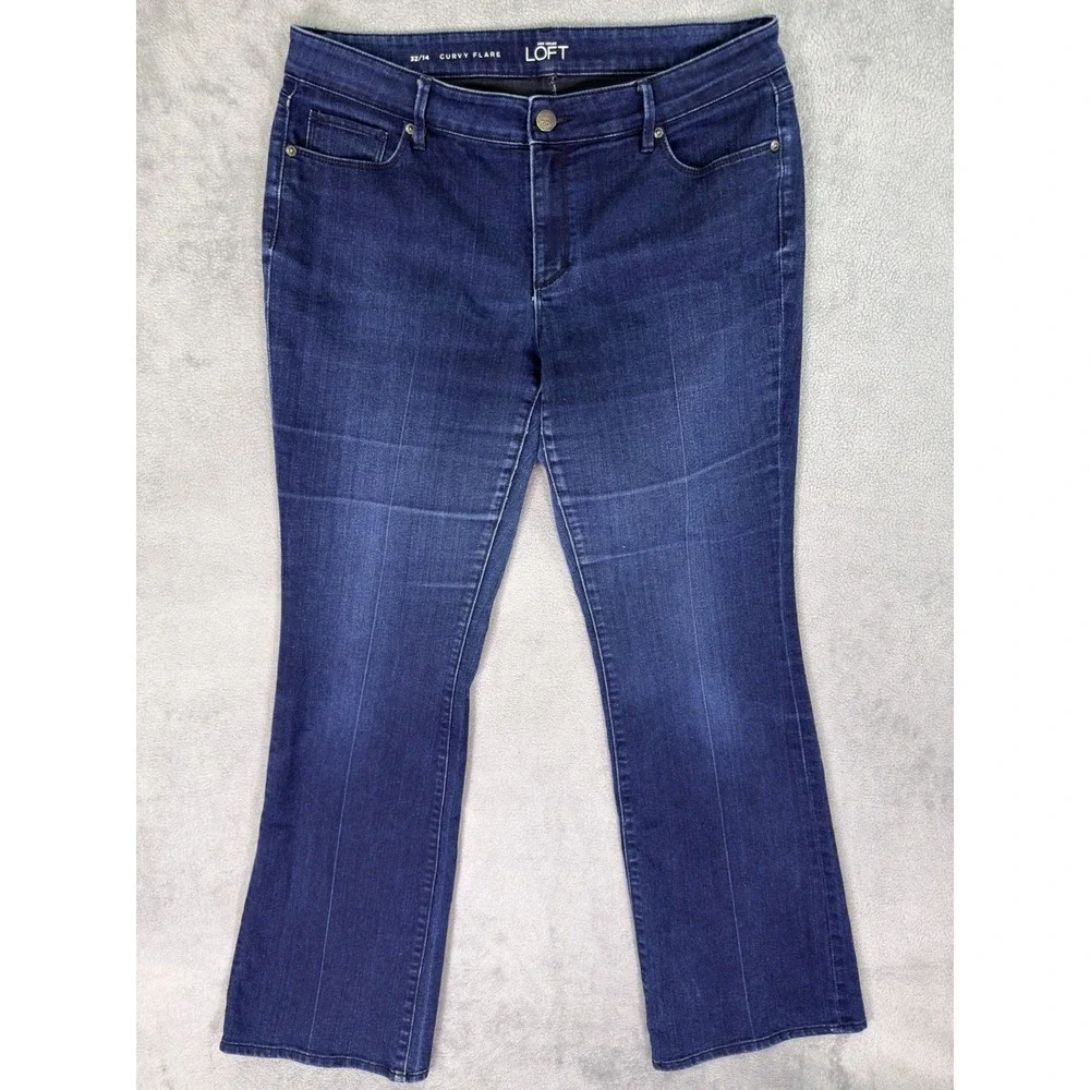 Ann Taylor Loft Jeans Womens 14 Blue Dark Wash Mid Rise Curvy Flare Stretch